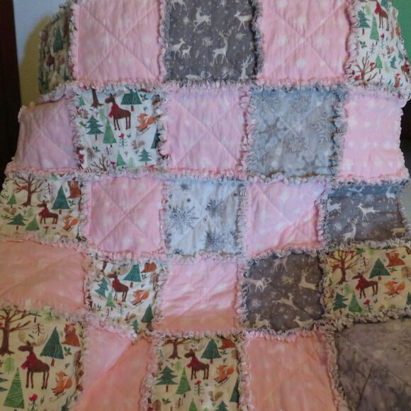 Flannel Rag Quilt With Batting, Stroller Size 35 x 35, Winter Snowflakes, Deer - Picture 2 of 10